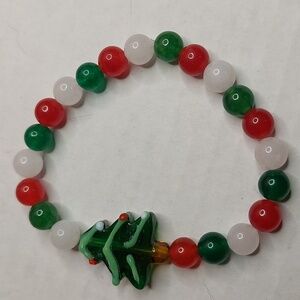 Christmas Tree. Red Jade/White Jade/Green Jade round stone bead bracelet